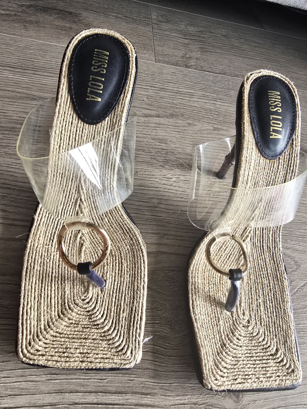 Miss Lola Natural Raffia Slide with Clear Strap and Gold Ring